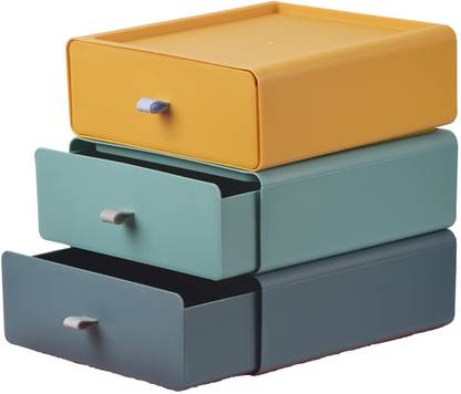 Centrum 3 Compartments Plastic Stackable Desk Organizer Storage Box with Drawer, Makeup, Stationary Organizer