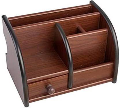 RAKHOPA 6 Compartments Wooden Multipurpose Wooden Desk Organizer Pen/Pencil Stand Big with Drawer, Stationery Stand Mobile Holder & Remote Stand for Office Desk/Desktop/Table Storage Organizer Case Box