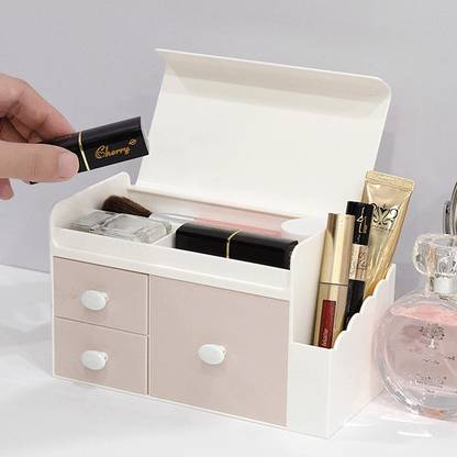 FLIPXEN 4 Compartments Plastic Cosmetic Organiser with 3 Drawers for Dressing Table, Bedroom Make up Storage
