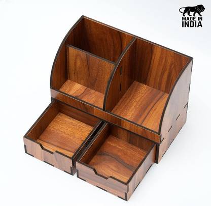 GENIYO 5 Compartments Wooden Desk Organizer for Home Study Table | Office Table, Pencil/pen Mobile Holder Stand with 2 Drawer