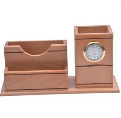 V A Antiques 3 Compartments Pen Stand + Mobile Stand + Card Holder, Multipurpose Desk Organizer with Clock