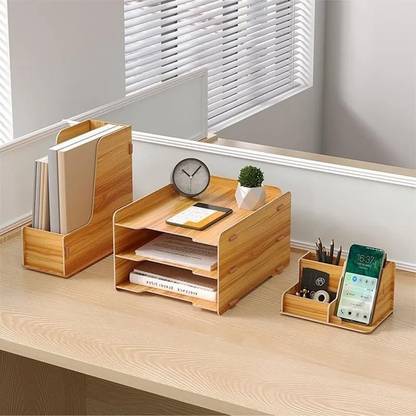 MOOKA 7 Compartments Wood Wooden Desk Organizer Set – 3-Tier Tray & Pen Holder
