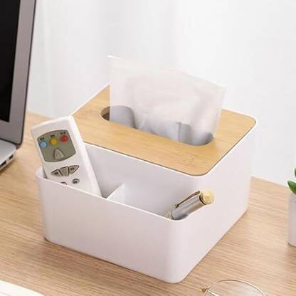 SUKHAD 3 Compartments Wooden, Plastic Remote holder with tissue storage