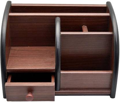 Rexmon 5 Compartments Wooden Pen/Pencil Stand with Drawer