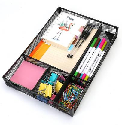 POXEFLIP 5 Compartments Metal Desk Drawer Organizer,Metal Mesh Drawer, 5 Grid Large Space,Multi-use