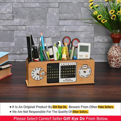 GIFT KYA DE 4 Compartments Wooden Desk Organizer With Calendar & Desk Calendar, Pen Stand, Office Accessories