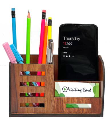 ASCELIO 3 Compartments MDF Wood Body Material with 4 MM Thickness Stationery Item Stand for Study Table Wooden Desk Organizer with Mobile Stand and Business Card Holder for Study Table