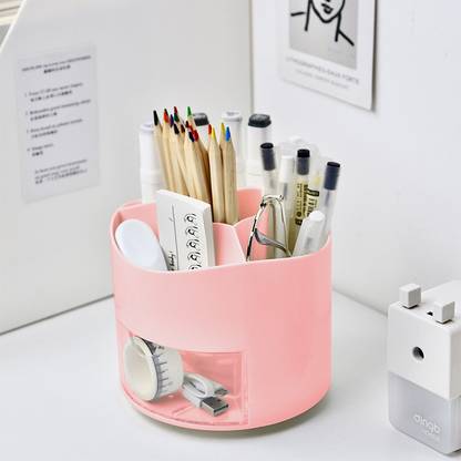 Eleven Rings 4 Compartments 360 Degree Plastic Rotating Pen Holder/Stand With 4 Slots For Storing Stationery For Office Desk.