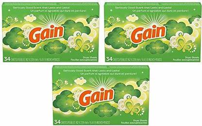 Acrimony Lounge Gain Dryer Sheets - Original Scent - 34 Count Sheets Per Box - Pack Of 3 Boxes Regular Detergent Pod