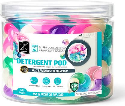 K2SQUARE Concentrated Detergent Pods for Fabric Care,for front & top load machine(50 Pcs) Fresh Liquid Detergent