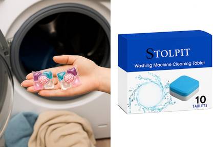 STOLPLIT Premium 5-in-1 Laundry PODS (10) & Washing Machine cleaning tablets Lily Detergent Pod