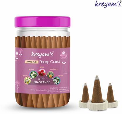 Kreyam's 5 in 1 Incense Dhoop Cone Combo Set for Pooja Champa, Pineapple, Mogra, Rose, Jasmine Dhoop