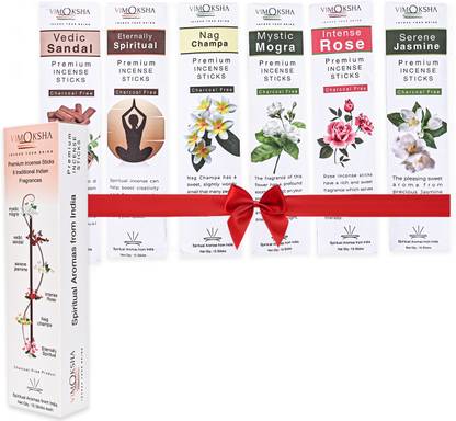 Vimoksha Agarbatti for Pooja Incense Sticks Natural Fragrance Pack of 6 Sandal, Jasmine, Nag Champa, Rose Dhoop
