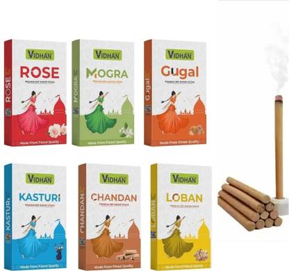 vidhan Dhoop sticks Bamboo Less incense Sticks Pack of 12 (6 * 2) (9 Sticks per Pack) Woody, Lavender, Guggul, Rose, Sandal, Tulsi Dhoop
