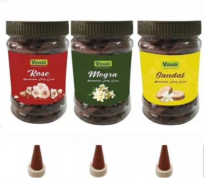 vidhan Dhoop Cones Premium Jar 3x100Gm No Bamboo Dhoop Cones| ROSE MOGRA SANDAL Rose, Jasmine, Sandal Dhoop