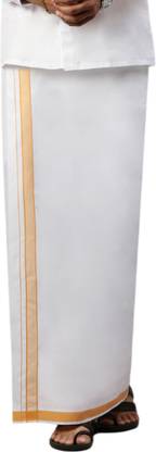 Ramraj Cotton White Cotton Blend with Fancy Border Solid Men Dhoti