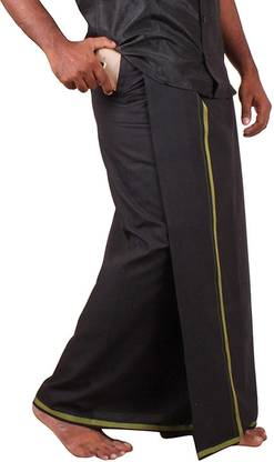 Prakasam Cotton Black Colour Multi Color Border Readymade Pocket Solid Men Dhoti