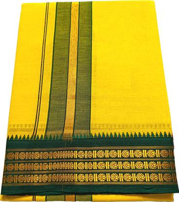 Sri Kamakshi Tex Traditional 2'Meter Pure Cotton Lemon Yellow Color With Gold Zari Border Self Design Men Dhoti