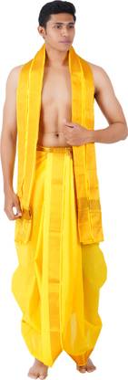 Ethazh 9/5 100K GOLDEN JARI BORDER YELLOW COLOR DHOTI WITH MATCHING ANGAVASTRAM Self Design Men Dhoti