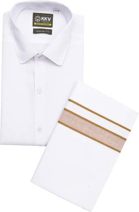 kkv Shirt With Sandal Border Cotton 4 Mulam Solid Men Dhoti