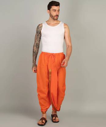 Shyam handloom Mens Orange Colour Panjakejam Readymade Golden Zari Border Dhoti Free size Silk Striped, Solid, Embroidered Men Dhoti