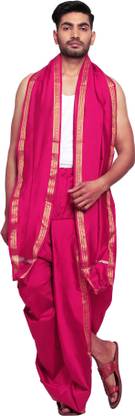 RAMESHWARAM FABRICS Dhoti for Men, Velcro Style Stitched Mens Silk Dhoti Pant Set, Free Size Solid Men Dhoti