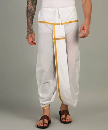 Shyam handloom Men's White Colour Panjakejam Readymade Golden Zari Border Dhoti Free size Silk Striped, Solid, Embroidered Men Dhoti