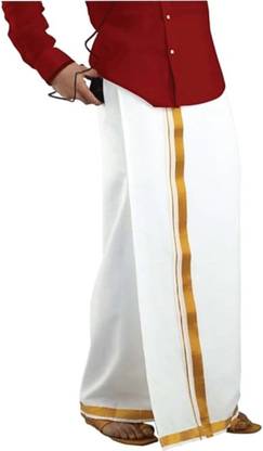 Taram Velcro pocket Single Dhoti Gold Jari Border - Fits all Waist Size 28 to 44 Solid Men Dhoti