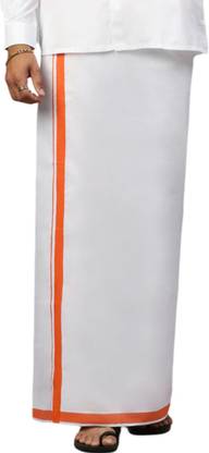 Ramraj Cotton Single Layer White with Orange Fancy Border Solid Men Dhoti