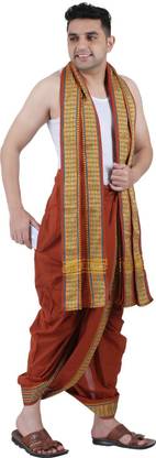 Prakasam Cotton Men's Dark Kaavi Colour Panjakejam Readymade dhoti and towel set with pocket - free Size-100% cotton Solid Men Dhoti