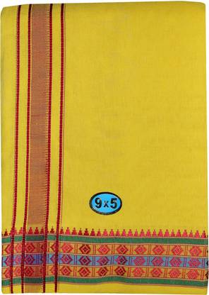 Prakasam Cotton Mens Yellow Colour Cotton (9x5) Panchakacham dhoti and towel set Men Dhoti