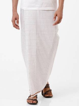 Ramraj Cotton Single Layer 100% Cotton White Stitched Lungi Checkered Men Dhoti