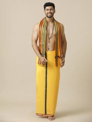 Ramraj Cotton Single Layer Mango with Mayilkhan Border Devotional Solid Men Dhoti