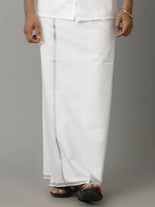 Ramraj Cotton Single Layer Cotton Blend White with 3/4 Silver Jari Border Solid Men Dhoti