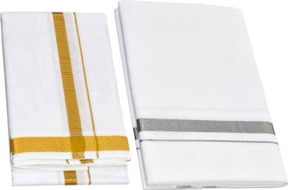 TUNI MANI 2.0meter / Silver Zari border Single Dhoti with Angavastram Towel Solid Men Dhoti