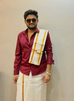 AKESHAVAM Solid White and Gold Pure Cotton Lungi, Ethnic Wear for Men Solid Men Dhoti