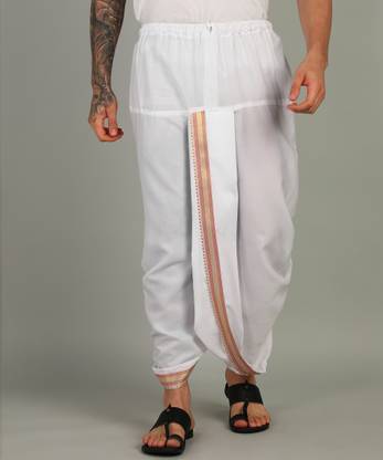 AKESHAVAM Mens white Colour Panjakejam Readymade Golden Zari Dhoti Free size 100%cotton Embroidered, Striped, Solid Men Dhoti