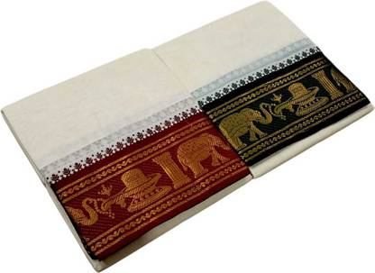 sri amman sarees Men's Cotton Unbleached 5inch Korvai Jacquard Border Dhoti with Running Towel Printed Men Dhoti