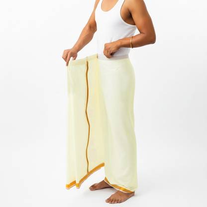 TUNI MANI 28 to 44 Inches Welcro Cotton Pocket Dhoti with Gold Jari Border Solid Men Dhoti