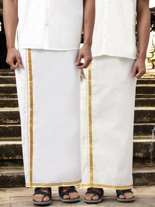 WHITE HEART White Heart Men Pack of 2 Pure Cotton Double Layer Dhoti with Gold Jari Border Solid Men Dhoti