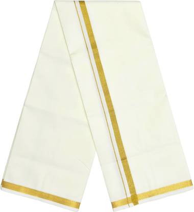 TUNI MANI Cream 3/4" Gold Zari, Double 3.8meter Solid Men Dhoti