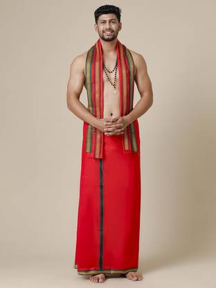 Ramraj Cotton Single Layer Red with Mayilkhan Border Devotional Solid Men Dhoti