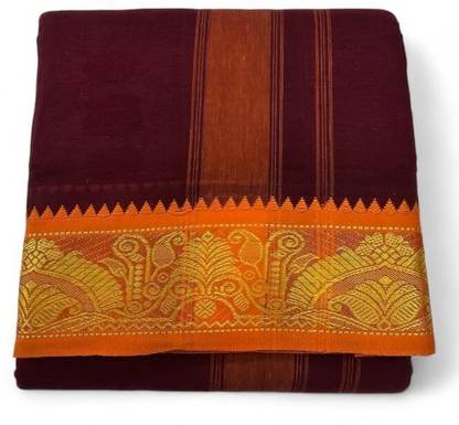 AMBIKASTORES Men's Traditional Cotton Dhoti with 3" Jacquard Polyester Border & Angavastram Solid Men Dhoti