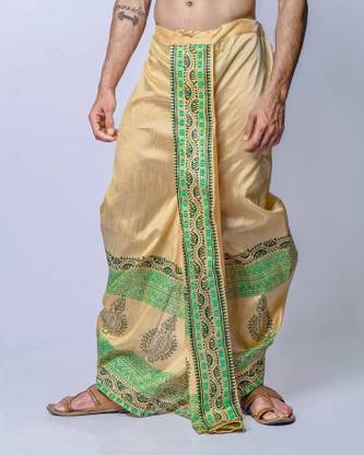 OBLIK Men's Dupion Silk Block Print Dhoti – Beige| Ethnic Wear for Wedding & Festive| Printed Men Dhoti
