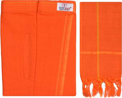 TUNI MANI PRESIDENT Welcro Pocket Dhoti with Towel Solid Men Dhoti