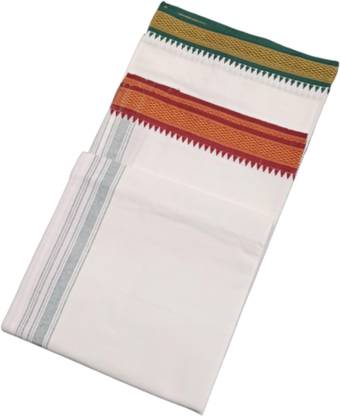 ADITYA TEX Men Cotton White single Dhoti With Twin color Boarders. Self Design Men Dhoti