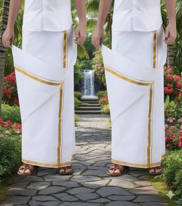 Gugaliya TWO Premium quality Men's White Golden Jari cotton dhoti 2 PIECE Solid Men Dhoti