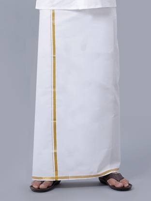 Ramraj Cotton Double layer White with 1/2 inch Gold Jari Border Solid Men Dhoti