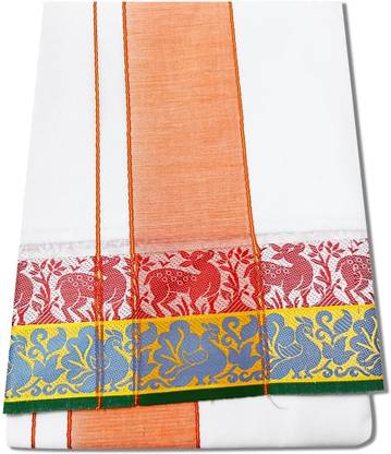 DHOTIES TOWN Pure Cotton Deer and Peacock Bleched Men Dhoti