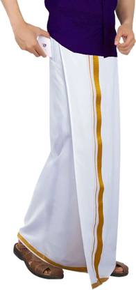 Prakasam Cotton Premium Quality Welcro Pocket ( sticker Dhoti) Jari Cotton White Solid Men Dhoti